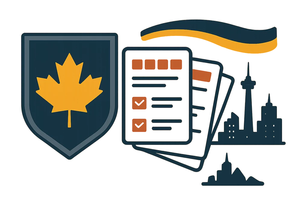 Shield with a maple leaf, casino review cards and a Canadian skyline